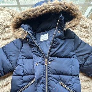 Zara kids: puffer jacket, rose gold zipper and a snap button flap. Some stains.